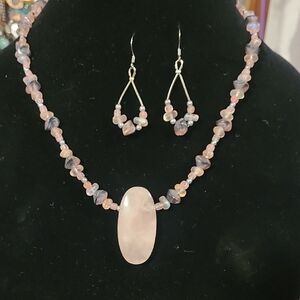 Pink Rose Quartz Necklace with Beaded Chain